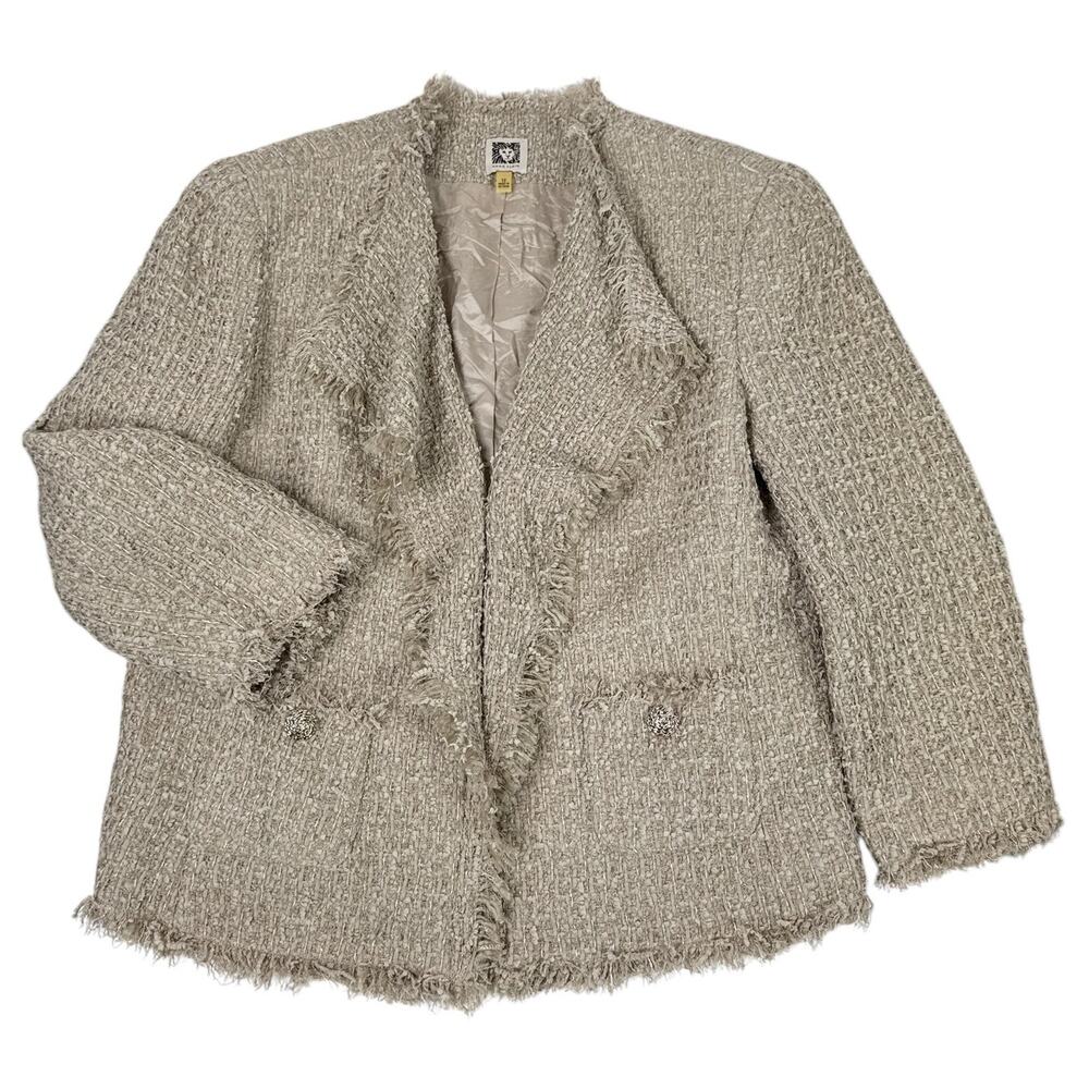 Anne Klein Fringed Tweed Blazer Jacket Women's Size 12 Beige Textured Lined‎